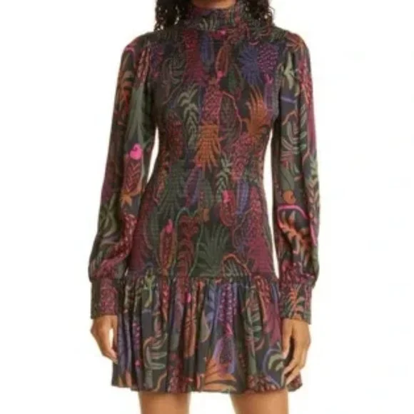 Farm Rio Frutis Dream Print Long Sleeve Black Smocked Mini Dress. SZ S - Picture 1 of 6